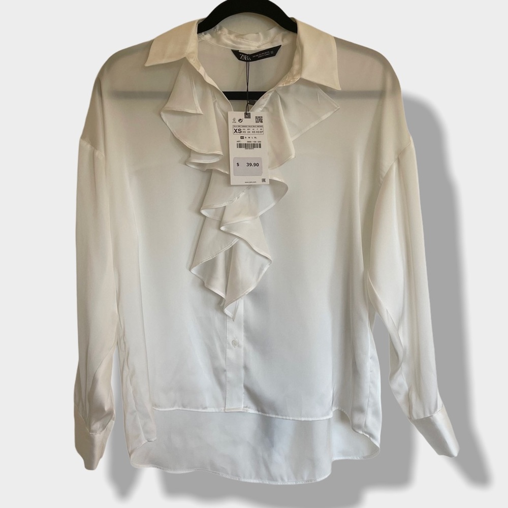 New Zara Sheer Chiffon Button Top with Ruffles